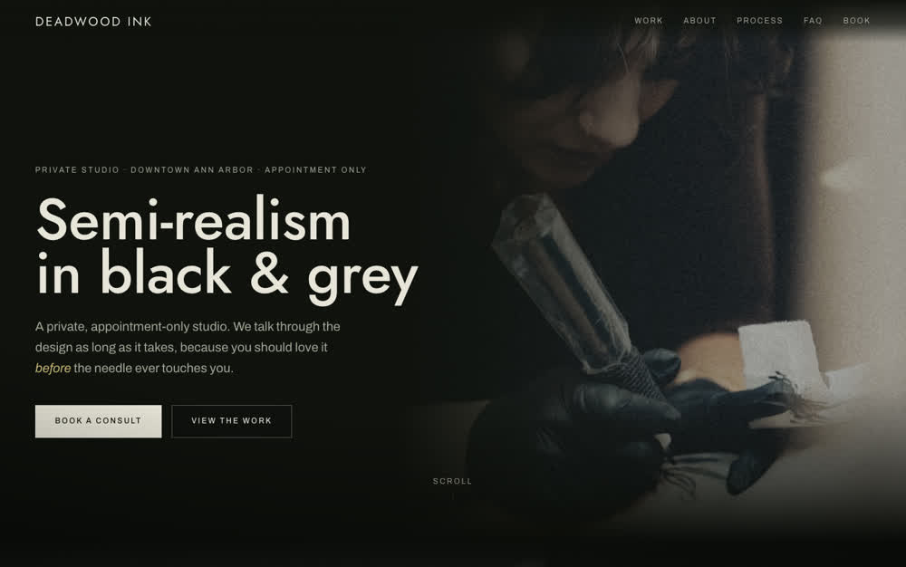 Deadwood Ink tattoo studio homepage, black and grey semi-realism work